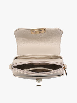 Casablanca vegan push-lock crossbody in Taupe, open top showing interior and zipper